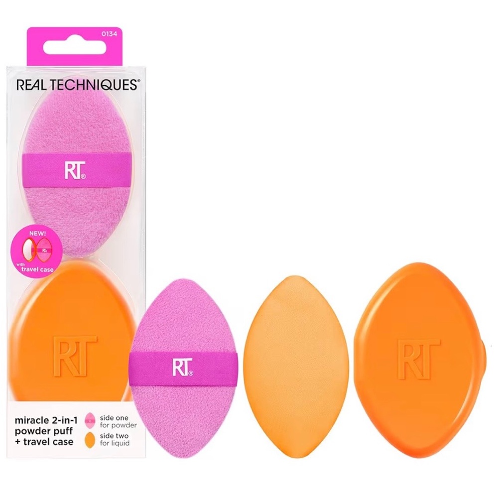 Real Techniques RT Miracle 2 In 1 Powder Puff + Travel Case Orange Pink